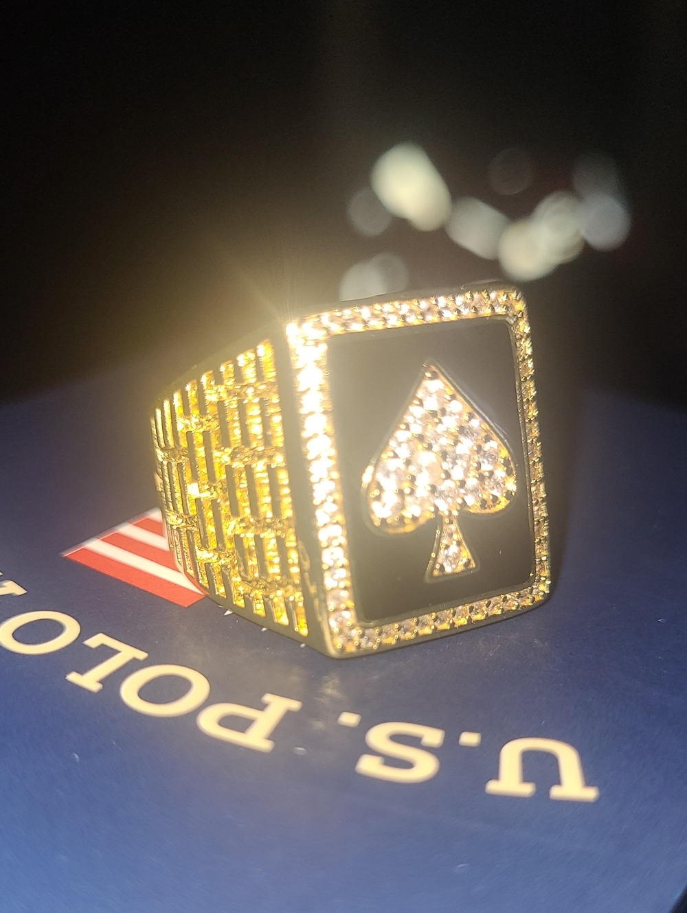 Gold Tone Diamond Black Enamel Spade Signet Ring
